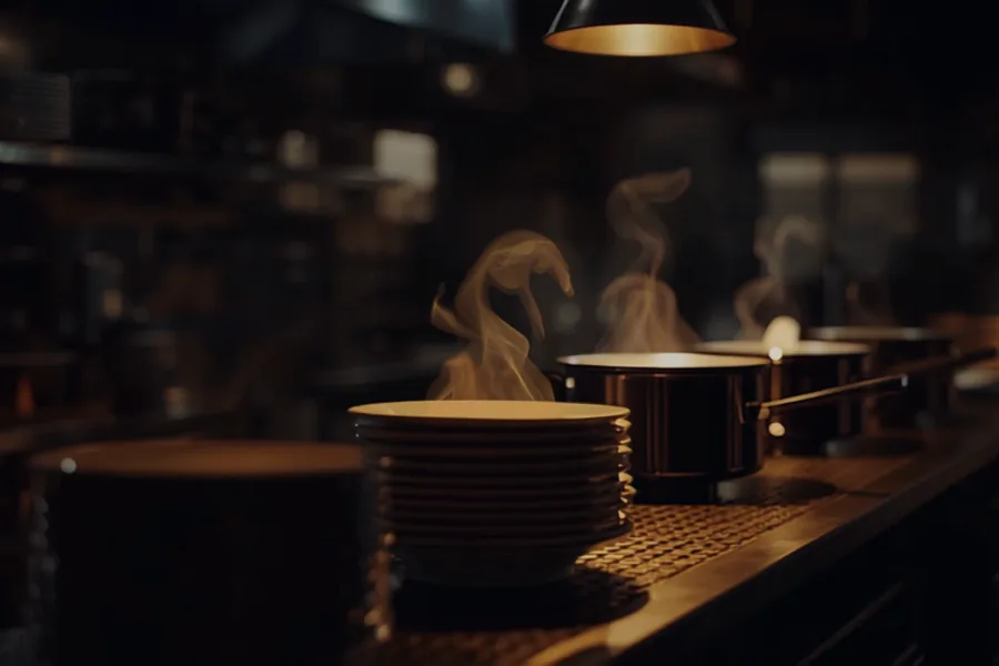 Inside a small restaurant kitchen at service