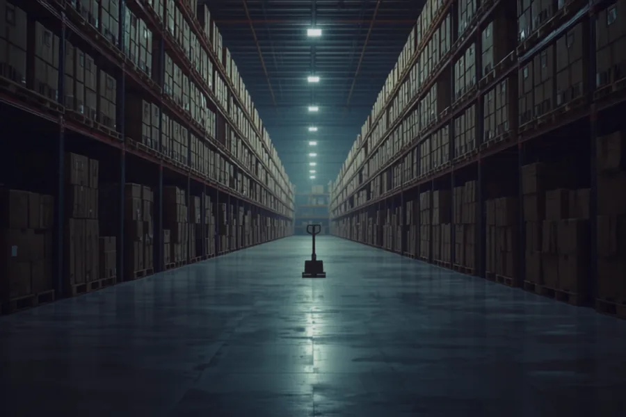A wide aisle of pallet racking inside a distribution warehouse