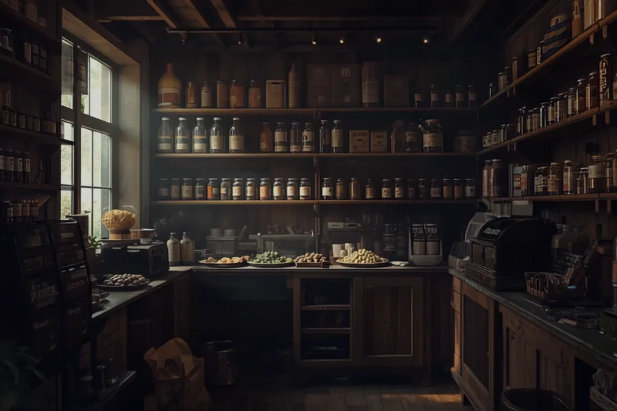 Inside a small independent shop, shelves stocked