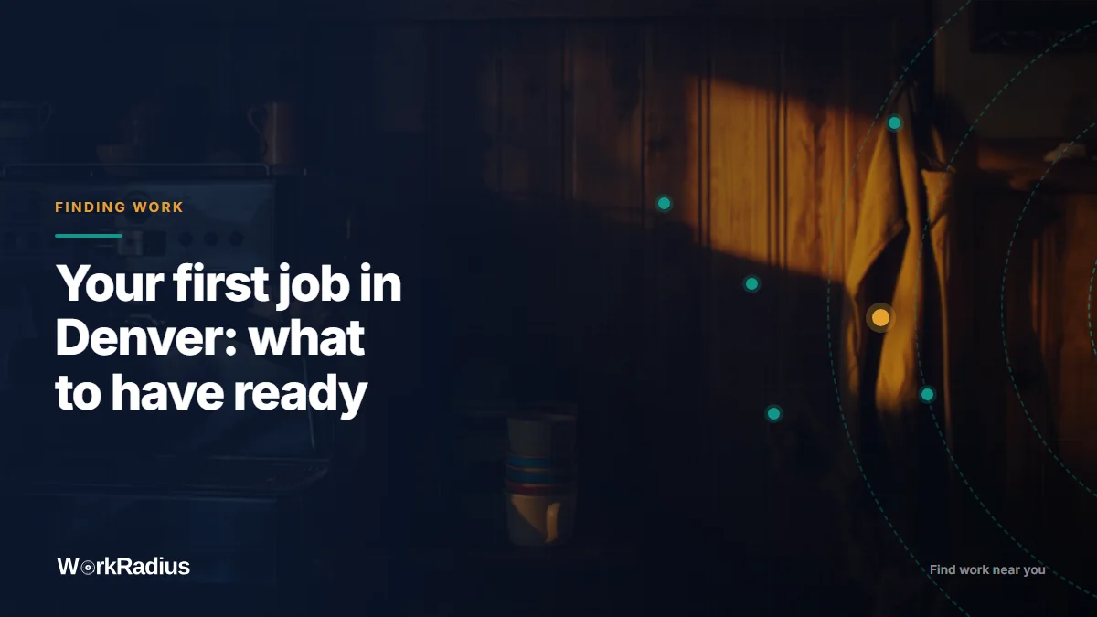 WorkRadius cover card on a dark map grid with dashed radius rings, titled your first job in Denver and what to have ready